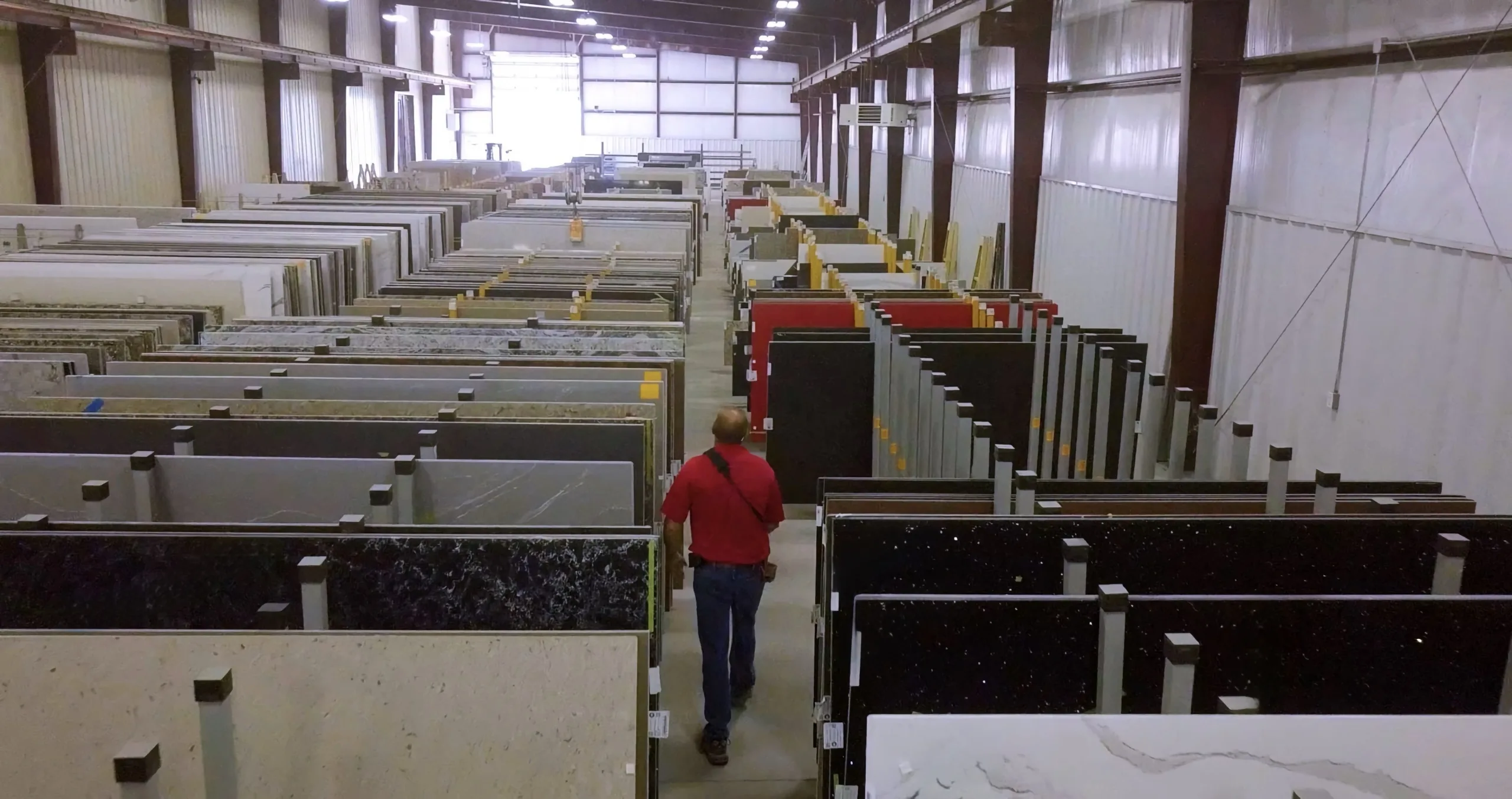 Inside a K&D Countertops showroom — full Cambria slabs on display