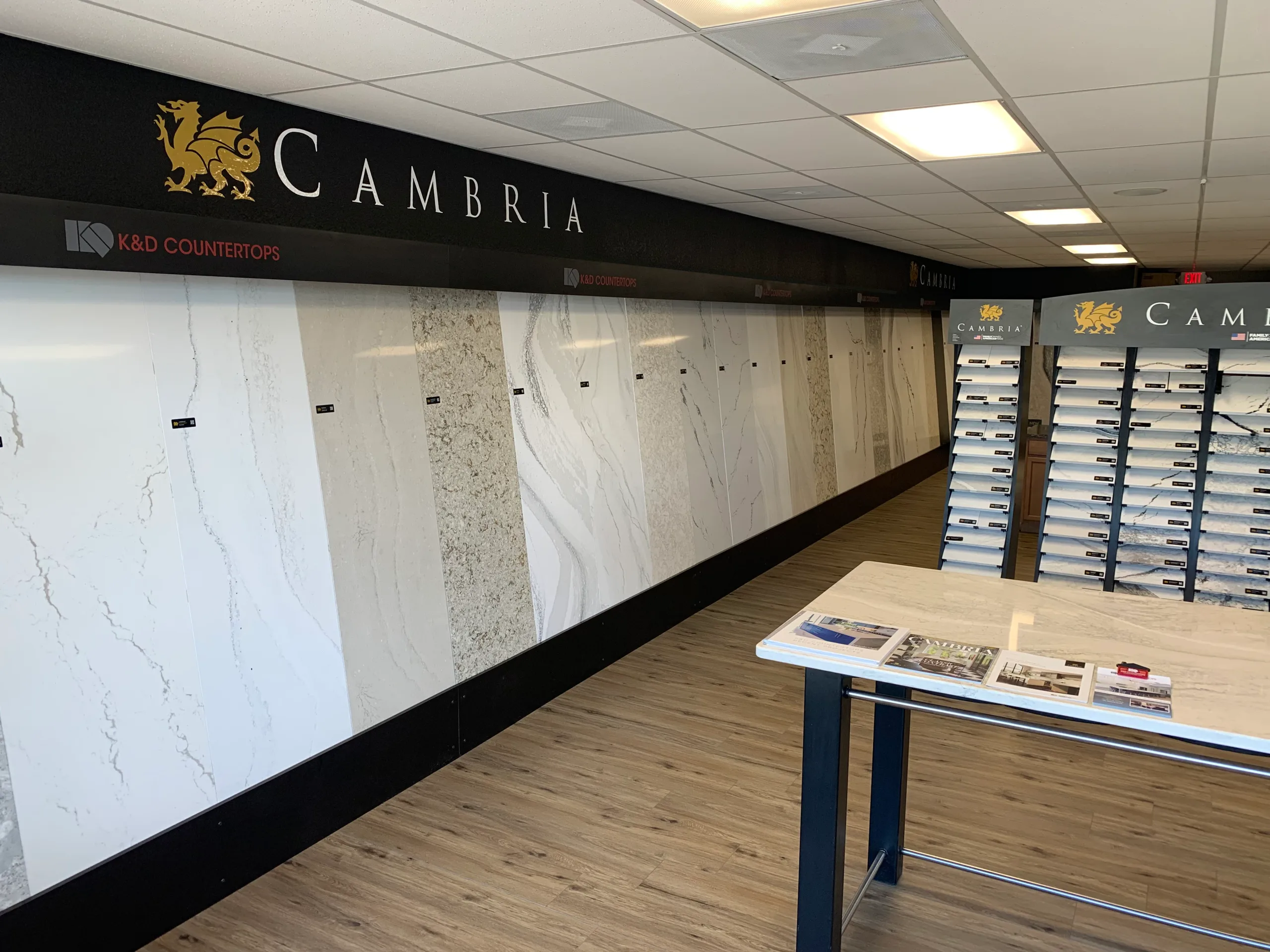 Inside a K&D Countertops showroom — full Cambria slabs and design consultations